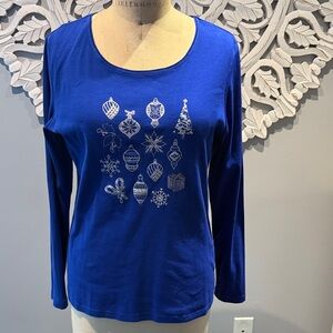 Karen Scott Christmas Metallic Gemstone Top shirt Royal Blue Long Sleeve Large